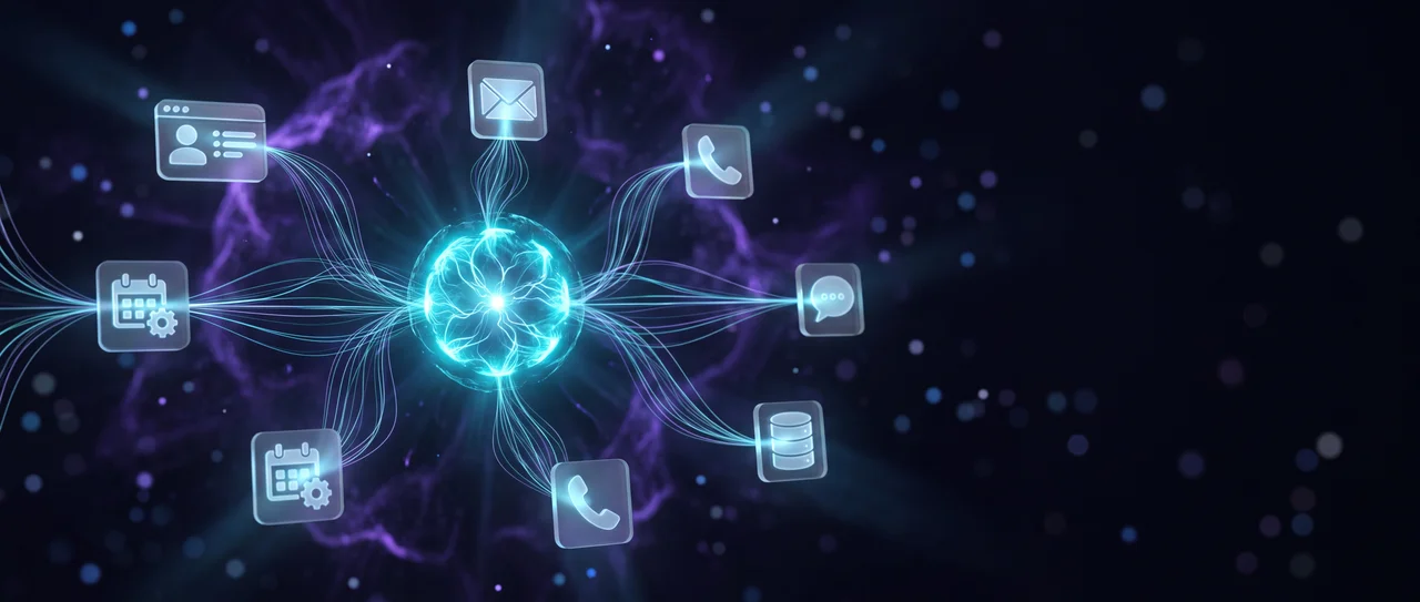 Nodevant AI automation core connecting your business tools — email, calendar, CRM, phone, chat, and data